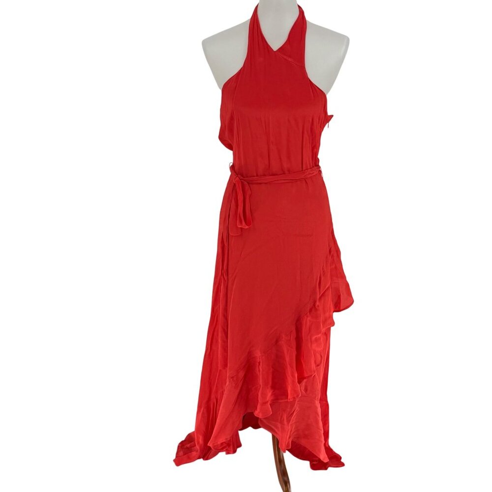 Ecru Red Halter Neck High-Low Maxi Dress With Ruffled Hem Detail